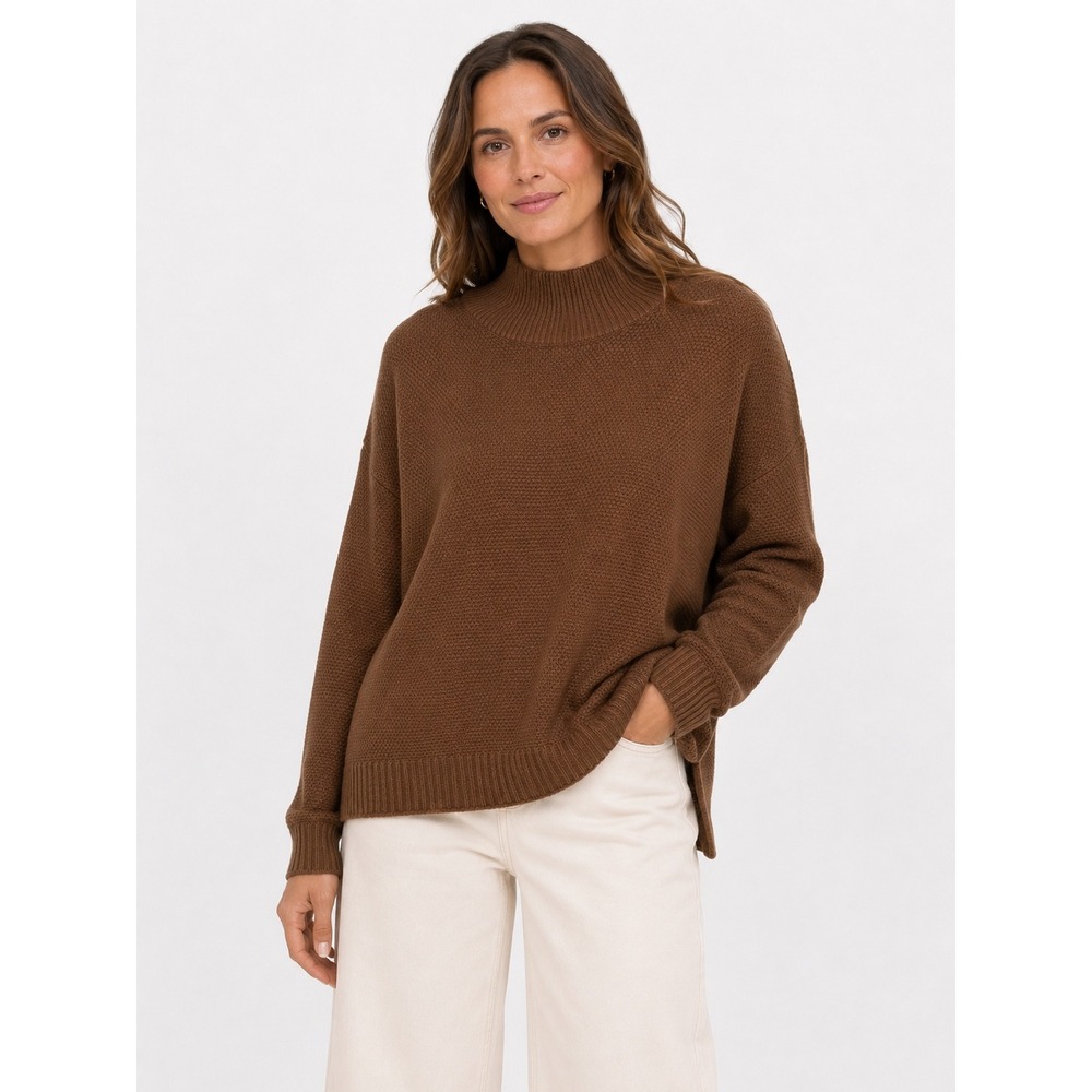 Mock Neck Sweater Women M Brown Relaxed Knit Minimalist Capsule Quiet Luxury